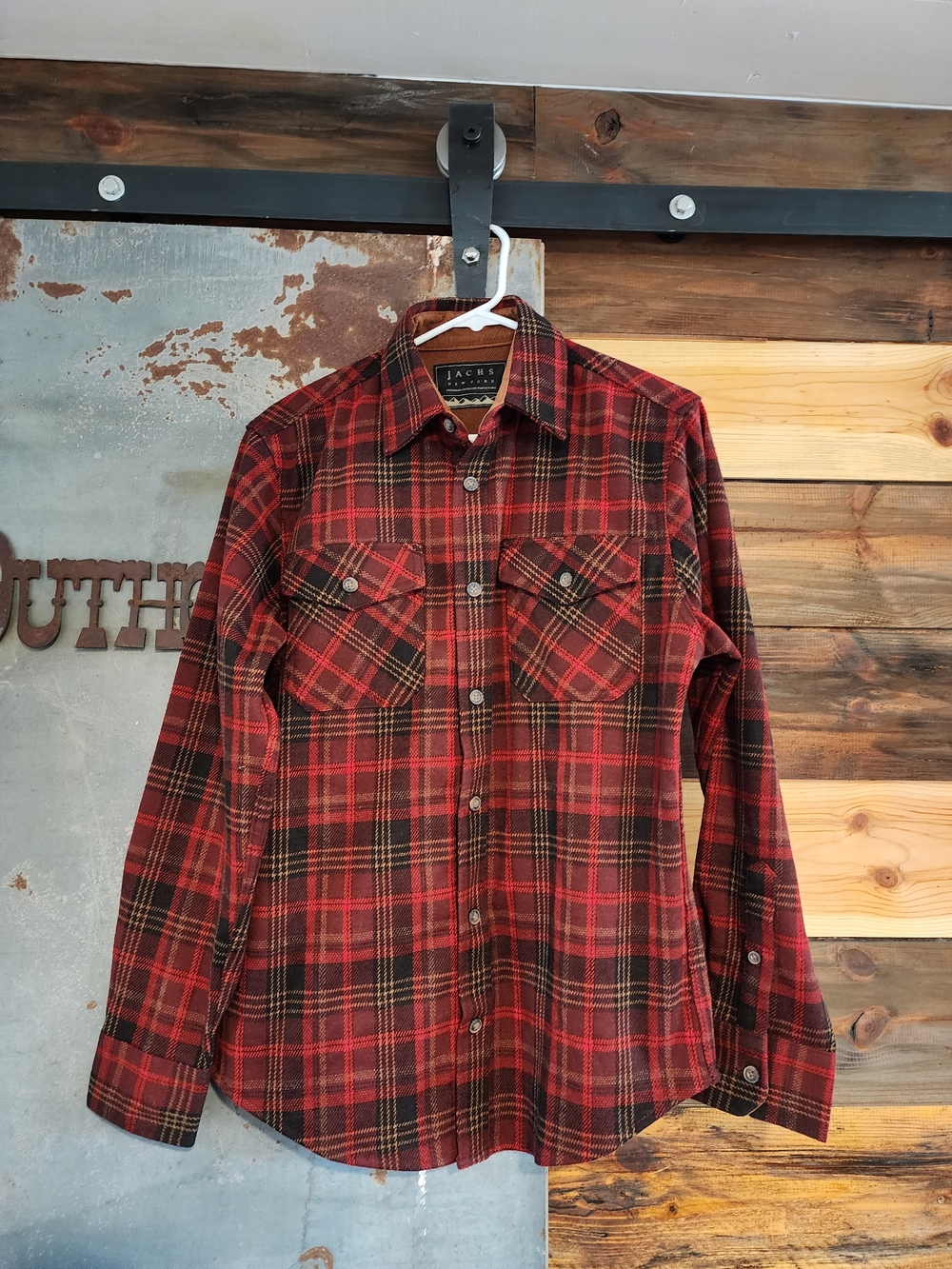 Red-Back Plaid Flannel Long-Sleeve Button-Down Shirt